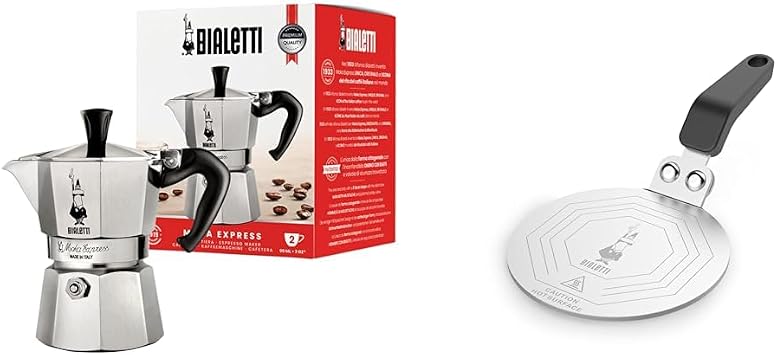 BIALETTI Mocha Express 2 Cup, Direct Fire Type Coffee Maker, Espresso Maker, Makinetta + Induction Plate