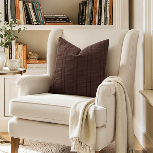 Image of MIULEE Decorative Linen Check Throw Pillow Covers Neutral Farmhouse Vintage Pillow Covers 20x20 Set of 2 Boho Modern Winter Home Decor for Sofa Couch Bedroom Cushion Dark Brown