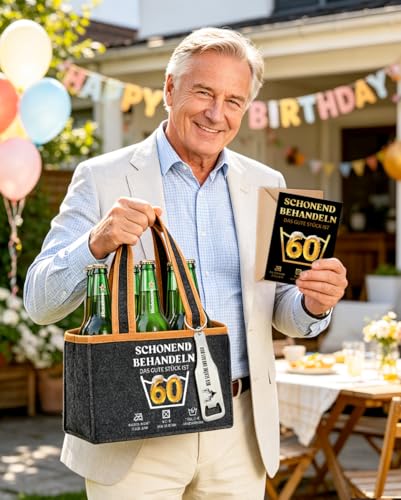 Lustige Geschenk 60 Geburtstag Mann, Männerhandtasche Bier mit Flaschenöffner und Grußkarten, Schonend Behandeln 60.ter Geburtstag Mann, Bier Flaschentasche für 6 Flaschen