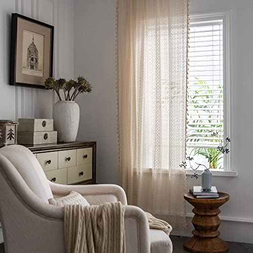 Jooja 2 Panels Boho Curtains For Bedroom Windows Sheer Crochet Vintage Cotton With Tassel (Crochet Beige, 59X63) #TOP1