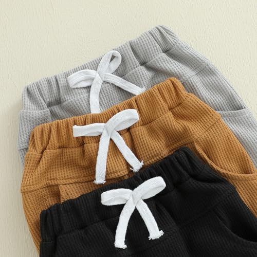 Toddler Baby Boy Fall Pants 3 Pack Active Jogger Casual Athletic Trousers Solid Color Pocket Elastic Waist Harem Bottoms (Waffle Gray Brown Black, 12-18 Months)