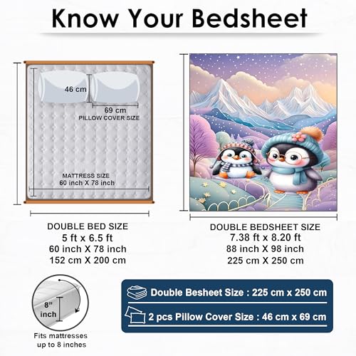 Image of Story@Home Penguins 7D bedsheet for Double Bed 240TC Premium Cotton Feel Microfiber with 2 King Size Pillow Cover | 225 cm x 250 CM | Pink Penguin Kids bedsheet for Boys and Girls