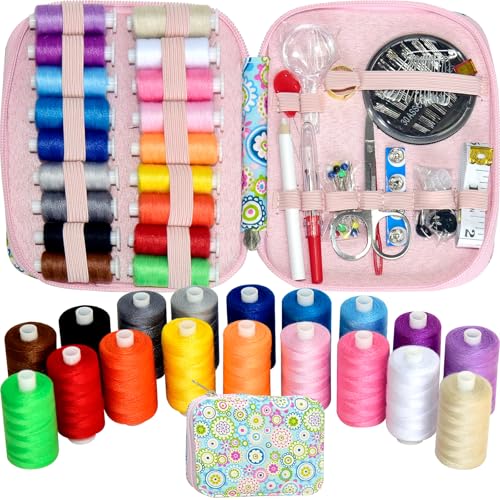 Image of Sewing Kit with Case Portable Sewing Supplies for Home Traveler, Adults, Beginner, Emergency, Contains 18 Sewing Thread, Scissors, Needles, Measure etc,Black (Blue Flowers)