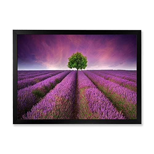 DesignQ Stunning Lavender Field Summer Sunset With Tree Farmhouse Framed