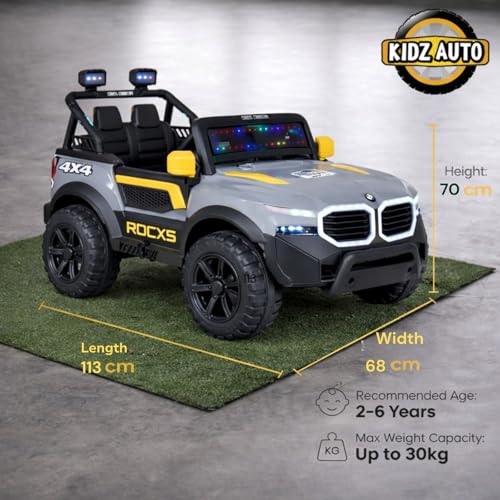 Image of KAB J 777 Rechargeable Battery Operated Jeep for Kids |POBO-2026 |Electric Ride-On Toy with LED Lights,Music,RGB Windshield,Steering Function & Dual Control (Yellow)