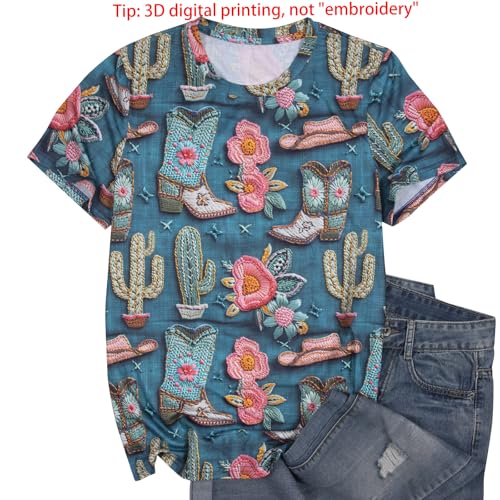 Boho Western Cowgirl Shirts for Women: Vintage Western Rodeo Graphic Tee Cowgirl 3D Digital Printing Short Sleeve Tops2