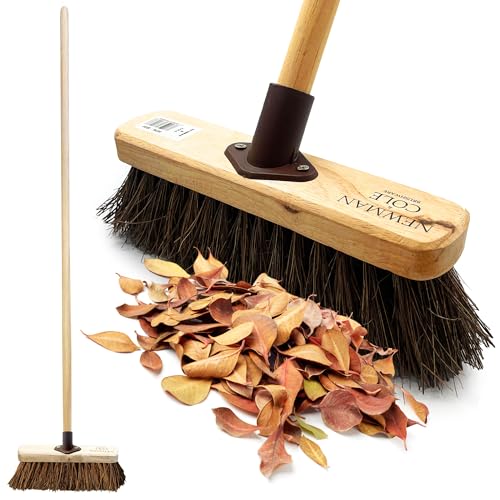10” Stiff Broom Outdoor Yard Brush with Natural Bassine Hard Bristle Brush Durable Support Bracket & 120cm Wooden Handle Heavy Duty Broom Yard Outdoor Garden Sweeping