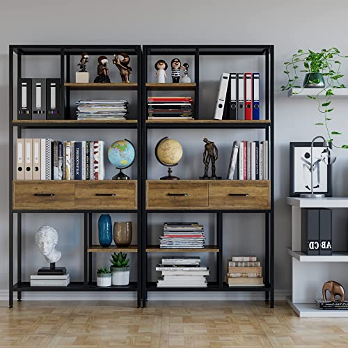 Urkno Tall Bookshelf With Drawers, Industrial Bookcase With 6 Tiers Storage Shelves, Office Book Shelves Book Display Shelf For Bedroom, Living Room, Home Office, Mental Frame, Rustic Brown #TOP3