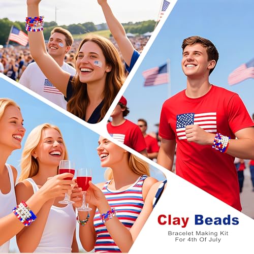 Image of Redtwo 4th of July Red White and Blue Clay Beads Bracelet Making Kit with USA Letter Beads, Patriotic Beads for Jewelry Making for Independence Veterans Day Party Favors, DIY Gifts with America Flag.