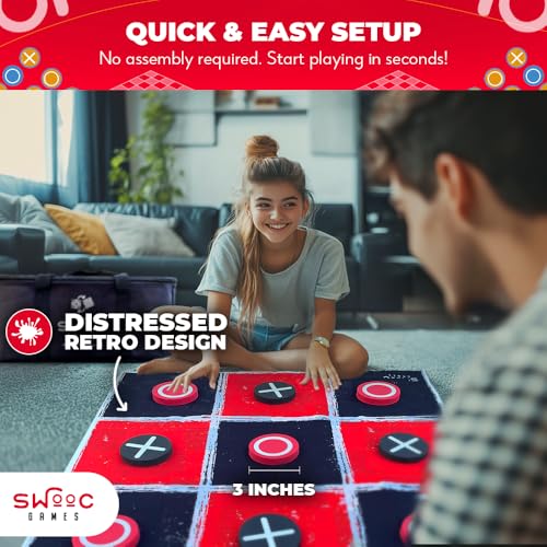 Image of Swooc Games - 2-in-1 Vintage Giant Checkers & Tic Tac Toe Game W /Mat (3ft x 3ft) - 100% Machine-Washable Canvas - Giant Outdoor Games for Kids - Yard Game for Kids - Jumbo Lawn Set - Large Checkers