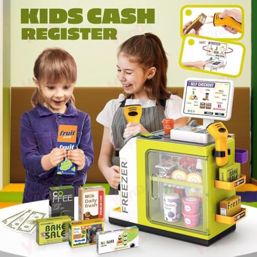 Image of VikriDA Kids Cash Register Playset with Coffee Machine, Calculator & Scanner | 48-Piece Pretend Grocery Store Set with Play Money & Food | Educational Role Play Toy | Ages 3+