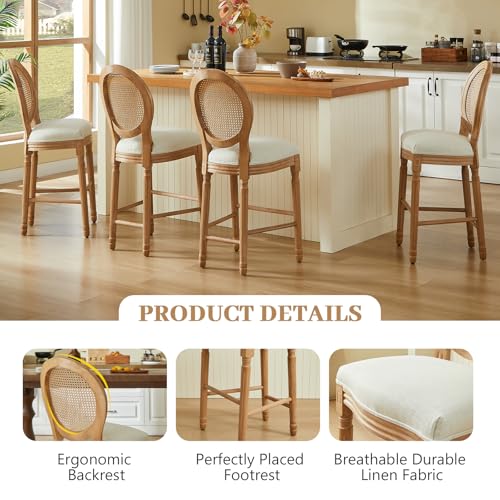 Image of Virabit French Country Bar Stool Set of 2, Rattan Counter Height Chairs with Solid Wood Frame and Upholstered Seating, 26 Inch Bar Stools
