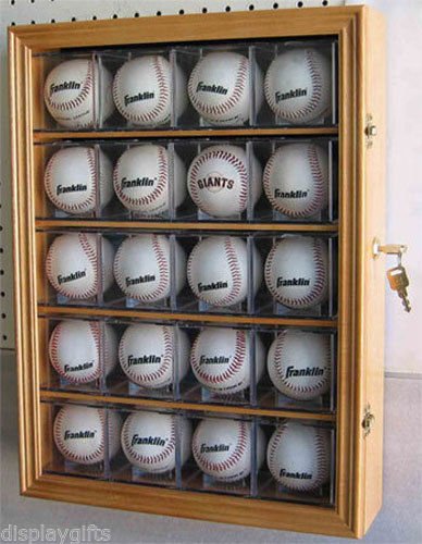 Oak-20 Baseball Display Case Shadow box Cabinet, UV Protection, Lock & Key