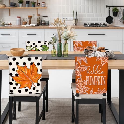 Jarthenaamcs J1927 4Pcs Fall Chair Covers Pumpkin Maple Leaf Dot Dining Chair Slipcovers Removable Seat Protector Covers thumb #5