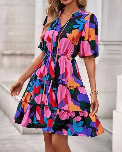 Image of BTFBM Women Summer Floral Short Dresses V Neck Short Sleeve Tiered Ruffle Boho Swing Dress A-Line Mini Dresses