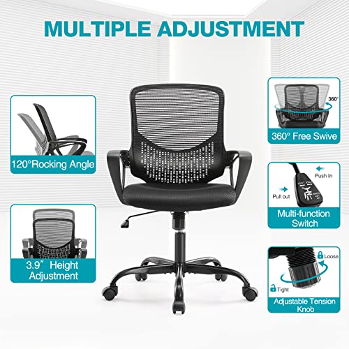 Desk Chair - Office Chair Computer Chair With Wheels Ergonomic Home Office Chair With Lumbar Support And Fixed Armrests, Mid Back Mesh Chair Rolling Swivel Chair，Black #TOP3