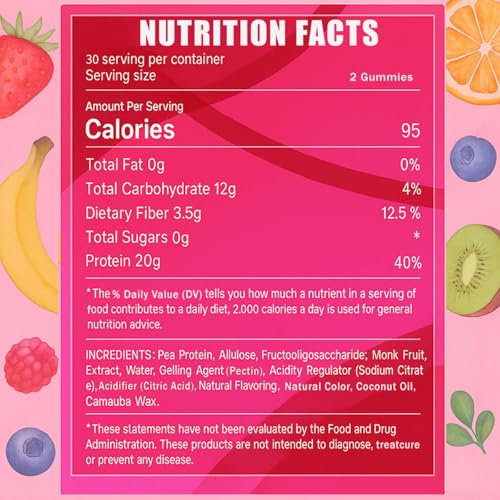OAKA Protein Gummies, 20g Protein per Serving, Support Hair, Skin, Nails Health, Boost Energy, Protein Supplement for Women Men, Zero Sugar, Vegan, Mixed Berries Flavor, 60 Gummies - Image 3