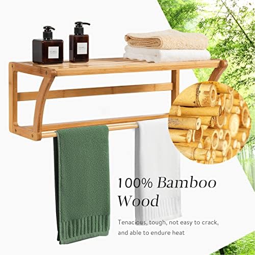 CASART Bamboo Wall Shelf, 2-Tier Bathroom Towel Rack with Hanging Bar, Wall-Mounted Storage Shelf Rack for Bathroom Kitchen Sauna Entryway