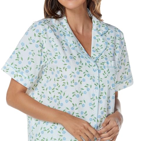 Image of LUBOT 100% Cotton Women's Pajamas Set Button-Down Two-piece PJ Set Short Sleeve Printed Patterned Summer Sleepwear Loungewear (Blue Blooms, XL)