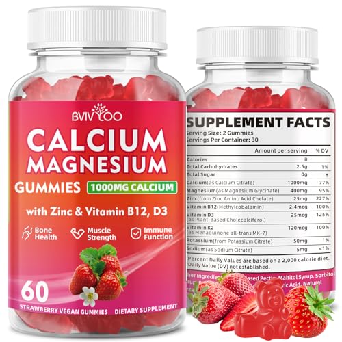 Calcium Gummies 1000mg with Vitamin D3 K2 & B Complex Potassium Calcium Magnesium Zinc Gummies for Bone Muscle Mood and Immunity - Vegan Non-GMO Strawberry Flavor 60 Count