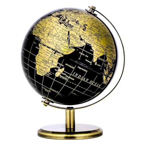 EXERZ 14cm Globus Schwarz & Gold, Englische Karte, Mini-Weltglobus für Bildungszwecke – Bronzebogen und Sockel