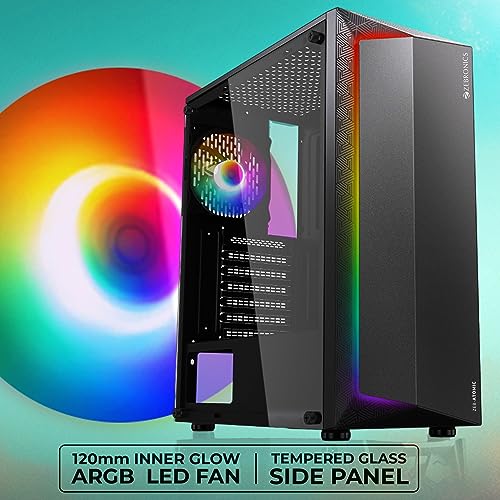 Image of ZEBRONICS Atomic Mid-Tower Premium Gaming Cabinet - Black, ATX /M-ATX /M-ITX, 1 x 120 mm RGB Inner Glow Rear Fan, LED Strip with Control Switch, Tempered Glass Side Panel, USB 3.0, USB 2.0 (Black)