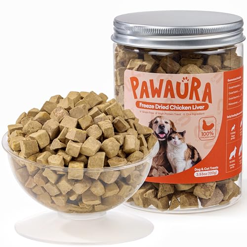 Pawaura Freeze-Dried Chicken Liver Treats for Dogs & Cats, Single Ingredient, High-Protein, Grain-Free, All-Natural Pet Snack, Resealable Tub, Great for Training or Meal Topper, 3.53oz