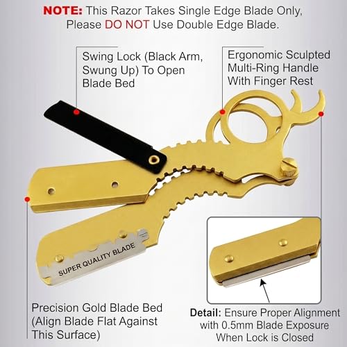Image of Straight Compact Barber Razor for Men, Stainless Steel | Rust-Free Shaving | Travel Razor with Finger Ring Grip & Adjustable Screw | Free Blade Inside