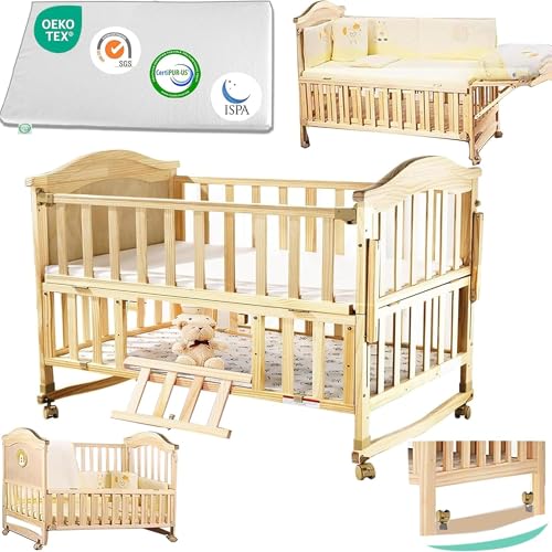 Image of Styhigh Portable Mini Baby Crib 4 in 1 Convertible with Memory Foam Mattress(38" by24) Included,cunas para Bebes 2026 Small Crib with Foldable Storage Baby Playpen Bedside Sleeper Beds(Natural Wood)