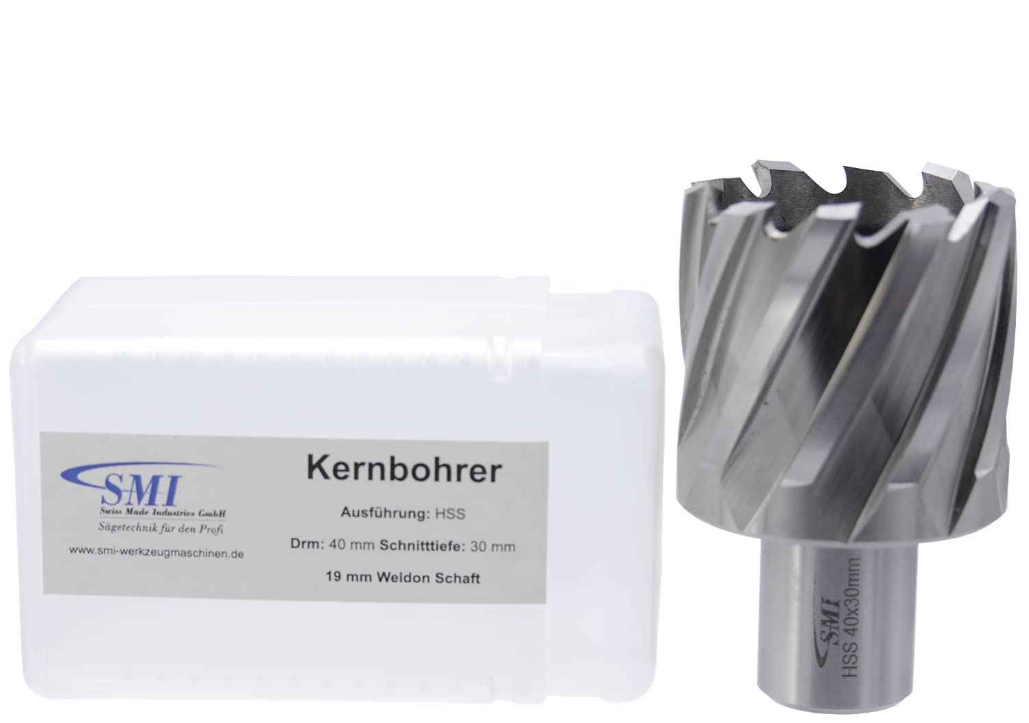 SMI HSS Kernbohrer 40 mm Drm. Schnitttiefe 30 mm, Aufnahme 19 mm Weldonschaft