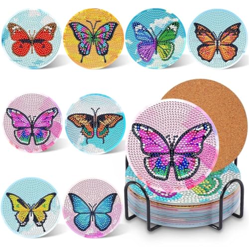 Uppmeant 8 posavasos de arte de diamantes con soporte, kits de posavasos de pintura de diamantes para principiantes, adultos, niños, decoración del hogar, regalo (mariposa)