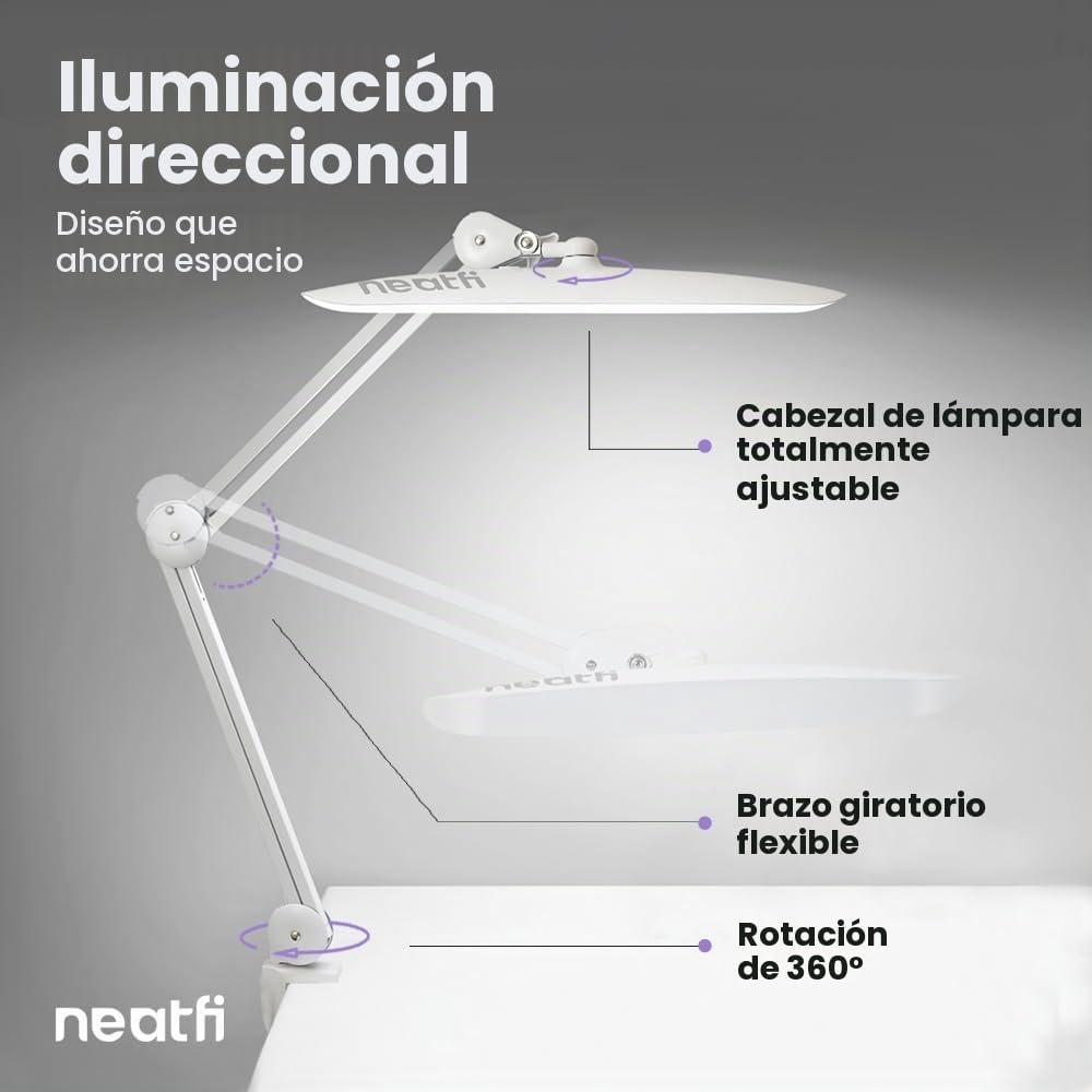 Neatfi XL Lámpara LED de Escritorio | 2.200 Lúmenes | 20W | Temperatura de Color Ajustable | Luz Regulable de 4 Niveles | Oficina en Casa | Cabezal Ancho de 51 cm (Blanco, CCT con Abrazadera)