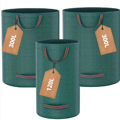 Pack 3 Sacos de Jardín Resistentes 2x300L y 1x120L con Asas | Saco Reutilizable Plegable Apilable para Hojas Asas Reforzadas | Diferentes tamaños