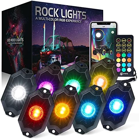 Xprite RGBW LED Rock Lights Kit w/Bluetooth & Wireless Remote Controller, Multicolor Cars Underglow, Whee Well, Footwell Neon Light Kits, for Off-Road UTV ATV Trucks SUV Motorcycle Boats - 8 Pods