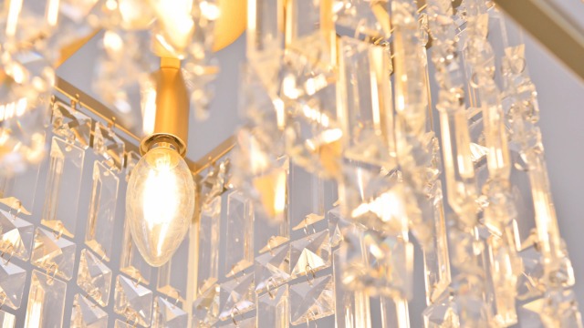 Image of LMQNINE Farmhouse Chandelier - Gold Metal Crystal Pendant Light for Kitchen, Dining Room, Living Room - Flat and Inclined Ceiling (Trapezoid -15.74in)