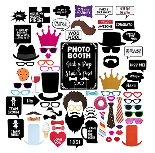 Wedding Photo Booth Props - Set with Chalkboard Style Black Sign, Wooden Sticks and Stand | 75 Pieces