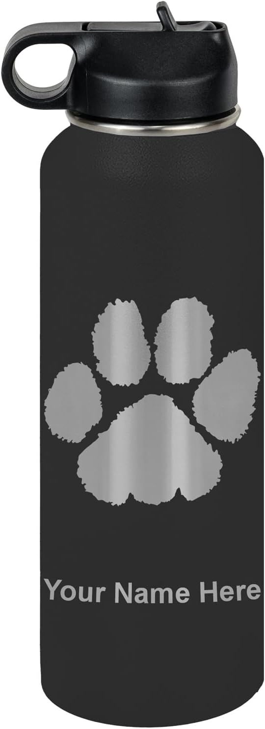 LaserGram Personalized Water Bottle, Paw Print, Stainless Steel Double Wall Vacuum Insulated with Flip Top Straw, Custom Engraved Gift (40oz / 1180ml Black)