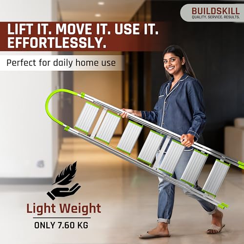 Image of BUILDSKILL Aluminium Ladder for Home 7 Steps | 36x16cm Wide Anti-Slip Aluminium Steps | Stainless Steel Body | Handrails | Load 150 Kg | Foldable Lightweight 8.15KG Ladder for Kitchen, Office & Home