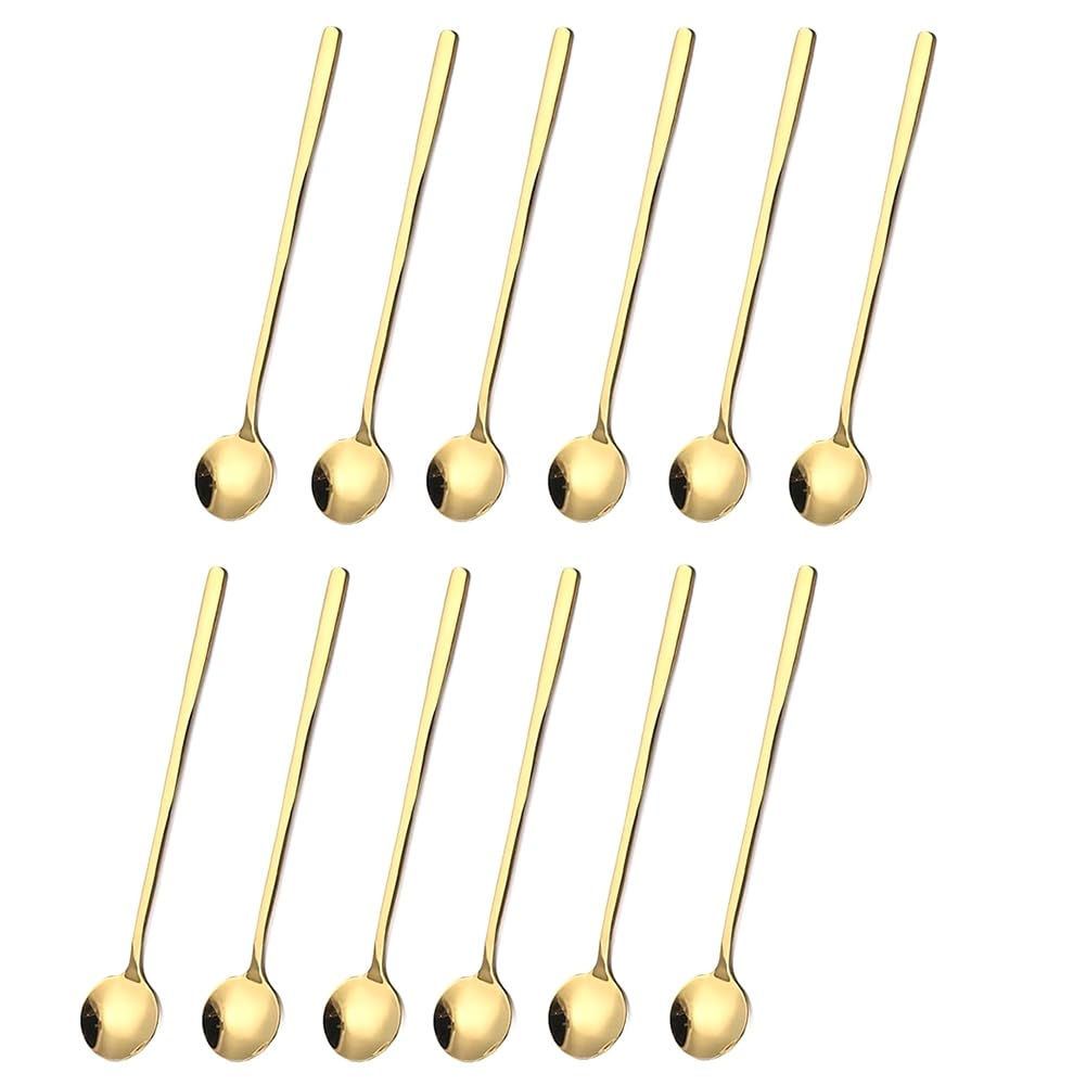 CTRLZS 12 Pcs Coffee Spoons Set Gold Tea Spoons Long Handle Stirring Spoons Coffee Rounded Stirring Spoon Honey Dessert Spoon Easy to Use 3 X 17.3cm