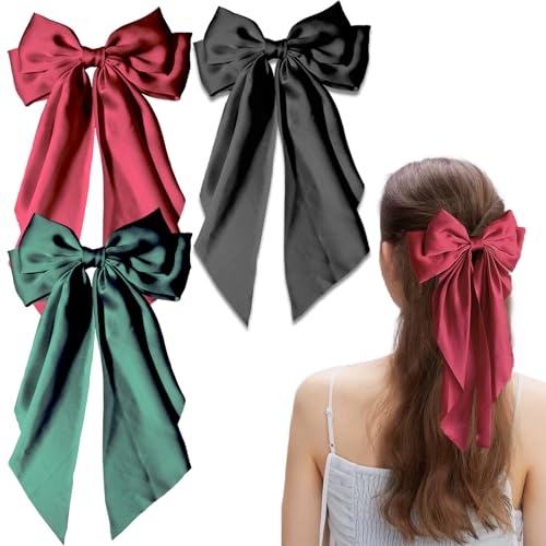 3 Pieces Large Hair Barrettes with Long Tail Bowknot Clips for Women and Girls (Red, Green, Black)
