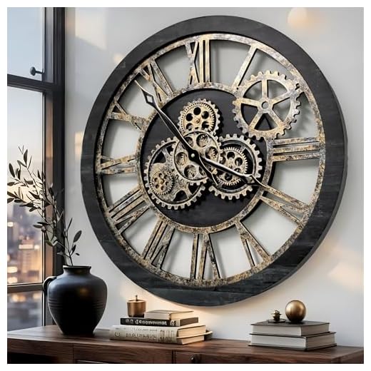 ImprovingLife The Gears Clock The Original Real Moving Gear Wall Clock Vintage Industrial Oversized Rustic Farmhouse (24 inch (60cm), Vintage Black Wood and Bronze)