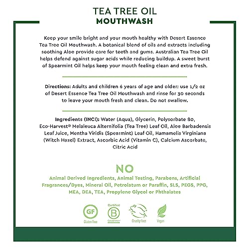 Desert Essence Alcohol-Free Mouthwash with Tea Tree Oil and Aloe, Sugar-Free, Oral Rinse to Provide Botanical Care for Teeth & Gums, Vegan, Non-GMO, SLS-Free, Gluten-Free, Spearmint Flavor, 8oz