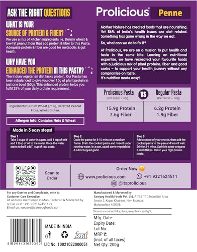 Image of Prolicious Penne Pasta | Upgrade Your Pasta Time | 15g Protein + 7g Fibre | Durum Wheat & Peanut Flour | No Maida, Not Fried | 2.6X More Protein | For Masala, White Sauce, Baked & More | 400g (Pack of 3)