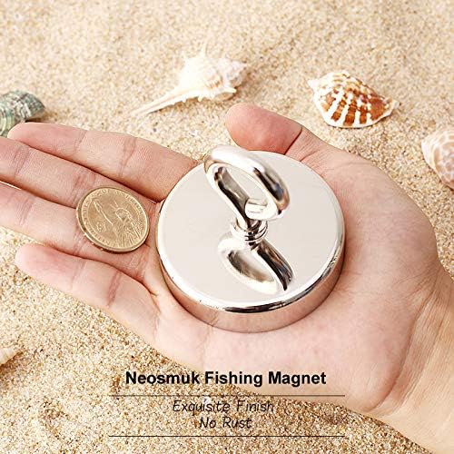 Neosmuk Fishing Magnet, 500 lb+ Giant Rare Earth Magnet with Rope, Large and Big 2.5 inches Diameter Disc Magnetic Fishing Kit for Tools, Heavy Duty and Thick Retrieving Neodymium Magnet with Hole