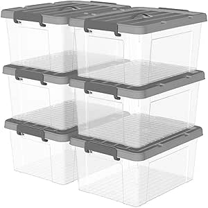 Cetomo 20L x 6 opbergdozen, plastic opbergdoos met deksels, organiserende container met handvat en veilige vergrendelende gespen, stapelbaar, nestbaar, draagtas voor huiskleding, 20L-6Pack, helder