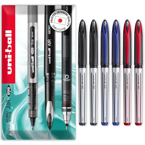 uni-ball AIR - 0.7mm Medium Rollerball - UBA-188-L - In Envelope Gift Box Packaging (Pack of 6, Black, Blue, Red)