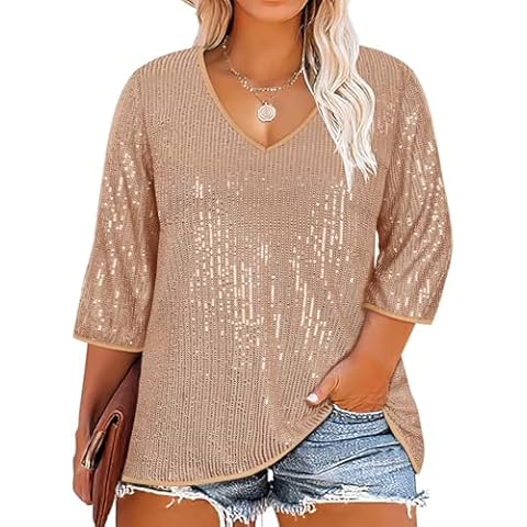 TIYOMI Plus Size Women's Sequin Tops 2X V-Neck Tops Sparkly 3/4 Sleeve Blouses Rose Gold Party Tunic Club Fashion Fall Winter Pullover 2XL 18W 20W Cover