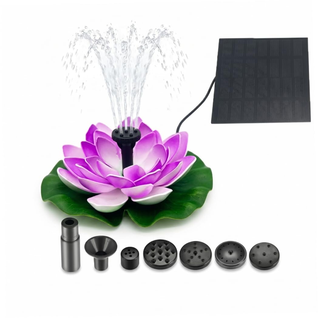 Solar Fountain Bird Bath, 6 Inch Floating Flowers with Split Solar Panel & 6 Nozzles Lotus Decor for Pond Garden Yard, Purple