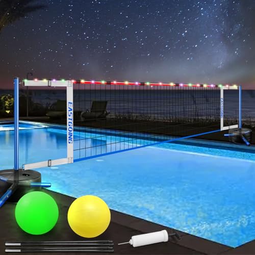 Eastgoing Pool Volleyball Net Set with Light,Adjustable Length 15-25FT，Swimming Pool Volleyball Net System with 2 Water Volleyballs and Heavy Duty Base.