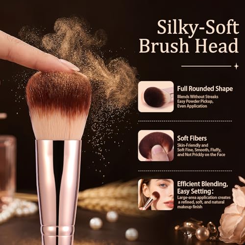 Image of Makeup Brush, Large Powder Brush for Face Makeup, Soft Fluffy Face Brush for Setting Powder, Blush, Bronzer and Powder Foundation, Pink Handle Rose Gold Ferrule